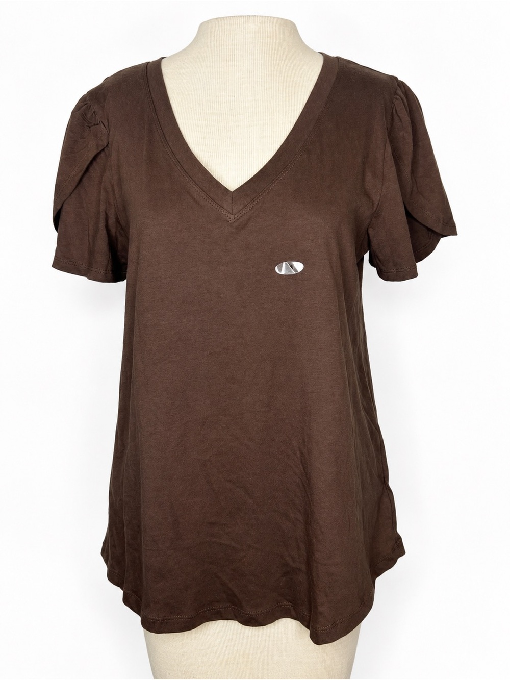 24/7 by Maurices Brown V-Neck Flutter Sleeve 100% Cotton Top Women’s Size M NWT